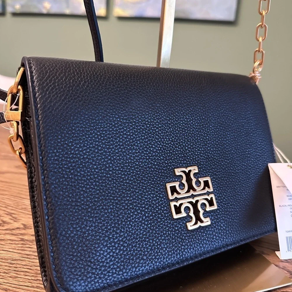 NWT! NEW! Tory Burch Britten Combo Crossbody Black Pebbled Leather